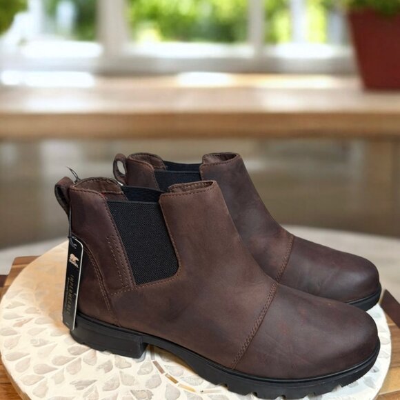 Sorel Emelie III Waterproof Leather Chelsea Boot Women’s 9.5 Tobacco Black - Picture 1 of 9